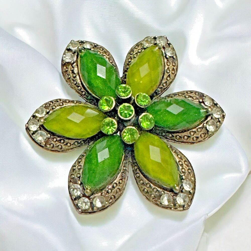Vintage Green Rhinestone Flower Brooch – Marquise Petals & Clear Accents – 1.75”